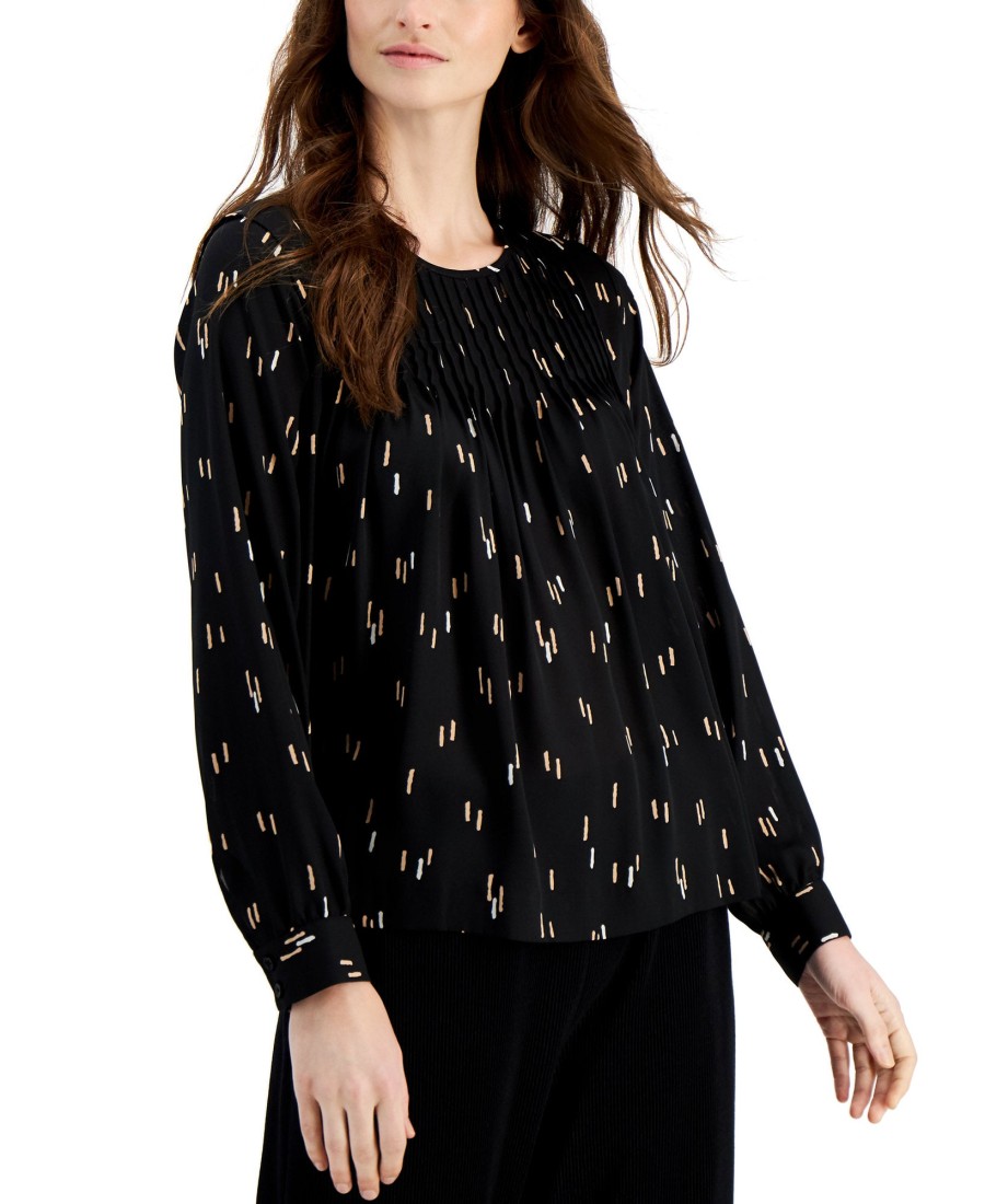 Juniors' Alfani | Printed Pleated Top Deep Black