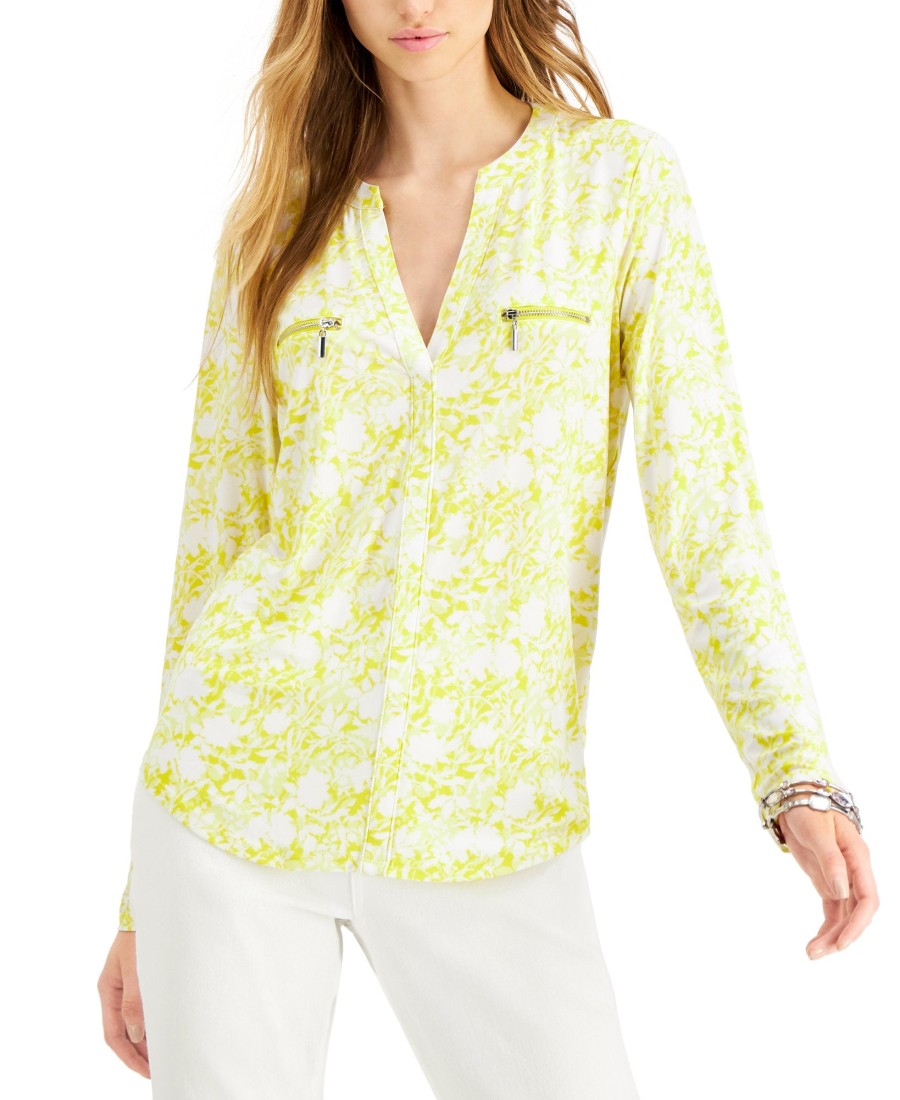 Women'S INC International Concepts | Floral Printed Zip-Detail Top Willow Ditsy