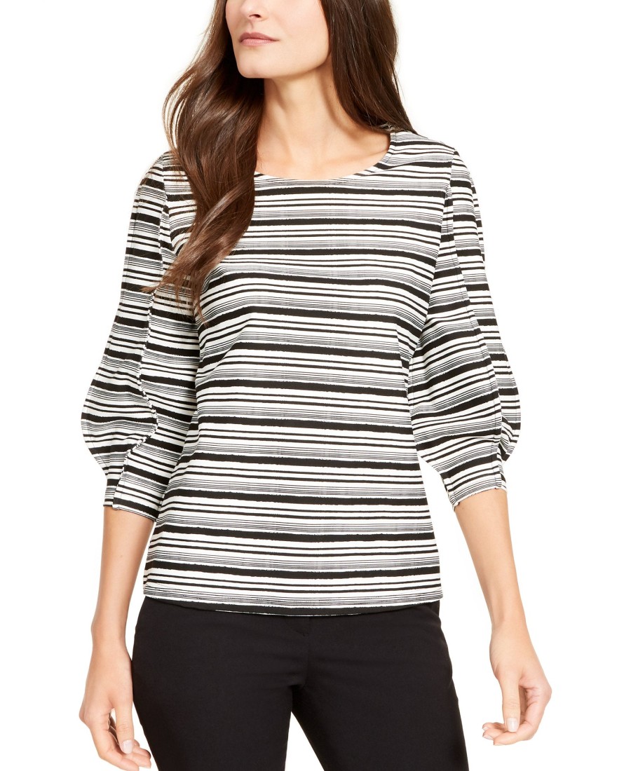 Juniors' Alfani | Striped Balloon-Sleeve Top Brush Stroke Stripe