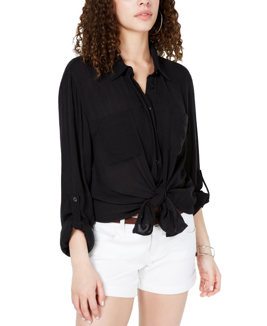 Juniors' Hippie Rose | Juniors' Tie-Front Utility Shirt Black