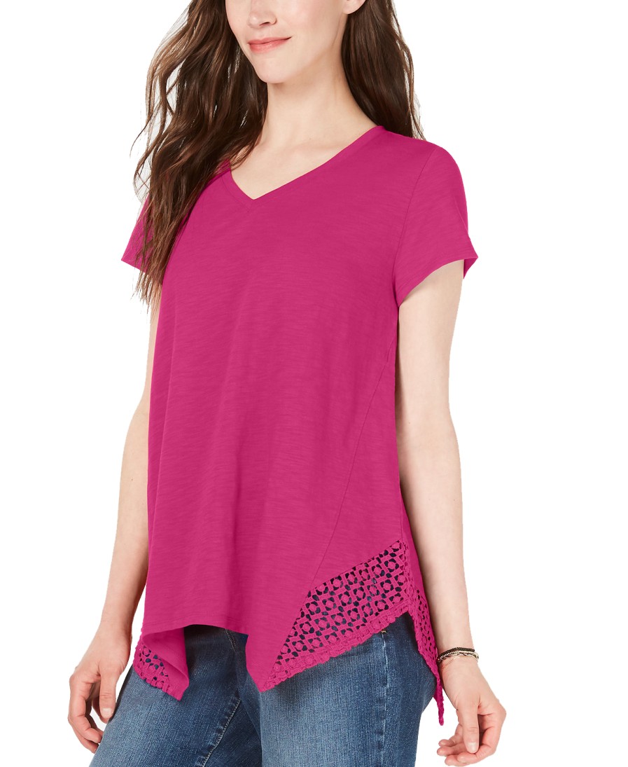 Women'S Style & Co | Crochet Handkerchief-Hem T-Shirt Pink Breeze