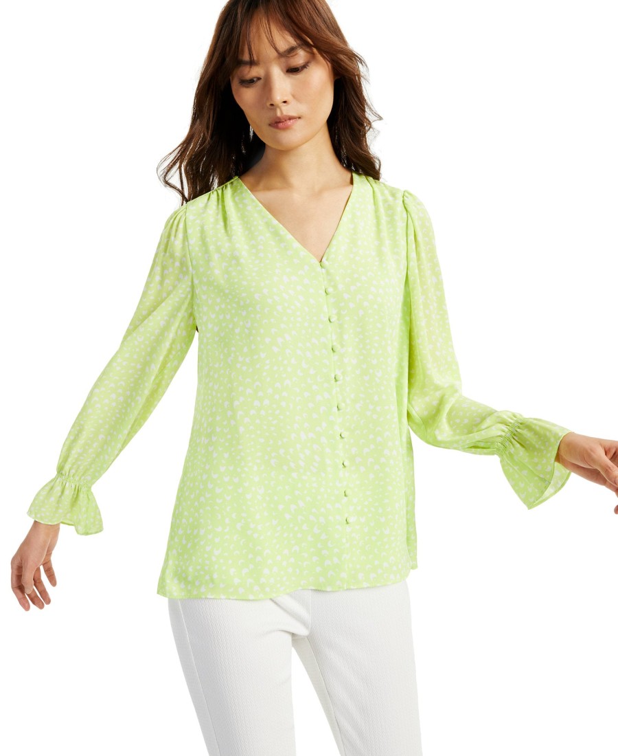 Women'S Alfani | Printed V-Neck Poet Blouse Green Mini Waves