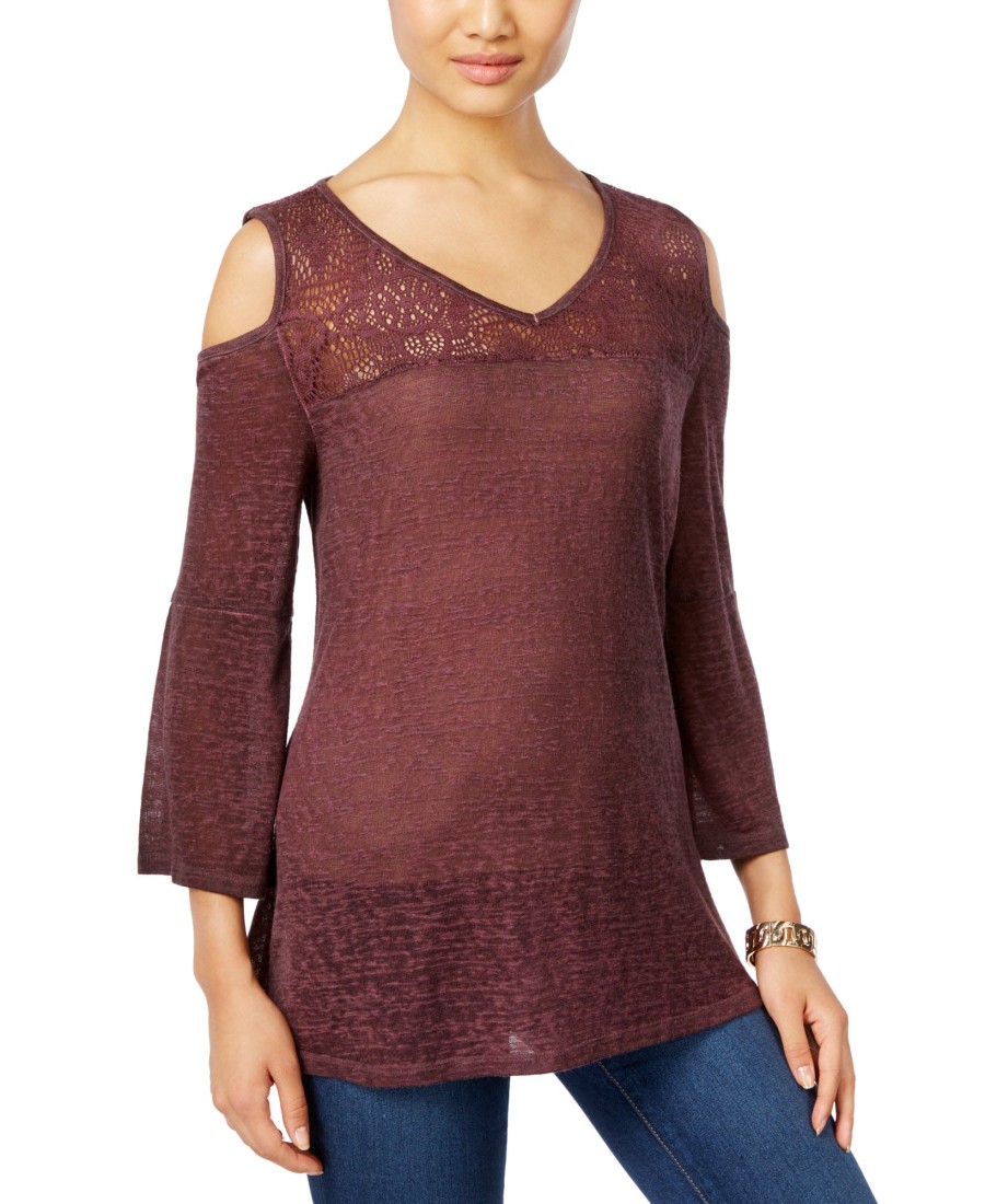 Women'S Style & Co | Cold-Shoulder Lace-Trim Top Dried Plum