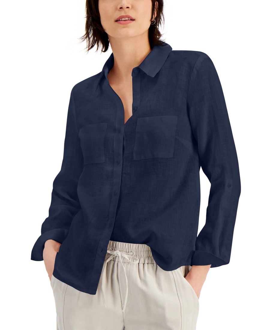 Women'S INC International Concepts | Linen Roll-Tab Shirt Indigo Sea