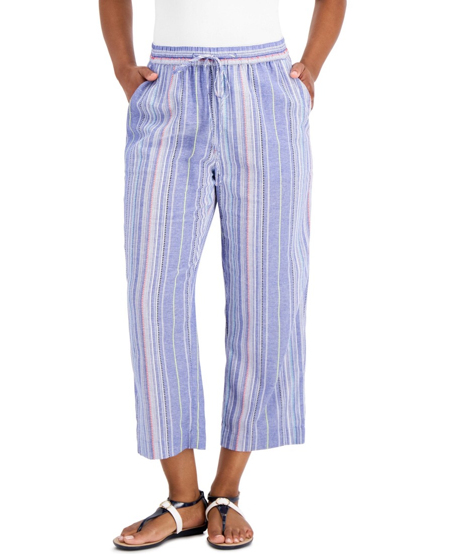 Women'S Charter Club | Striped Pull-On Pants Intrepid Blue Combo