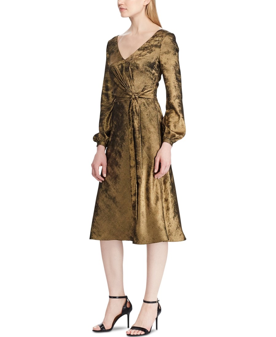 Women'S Lauren Ralph Lauren | Faux-Wrap Sateen Dress Gold