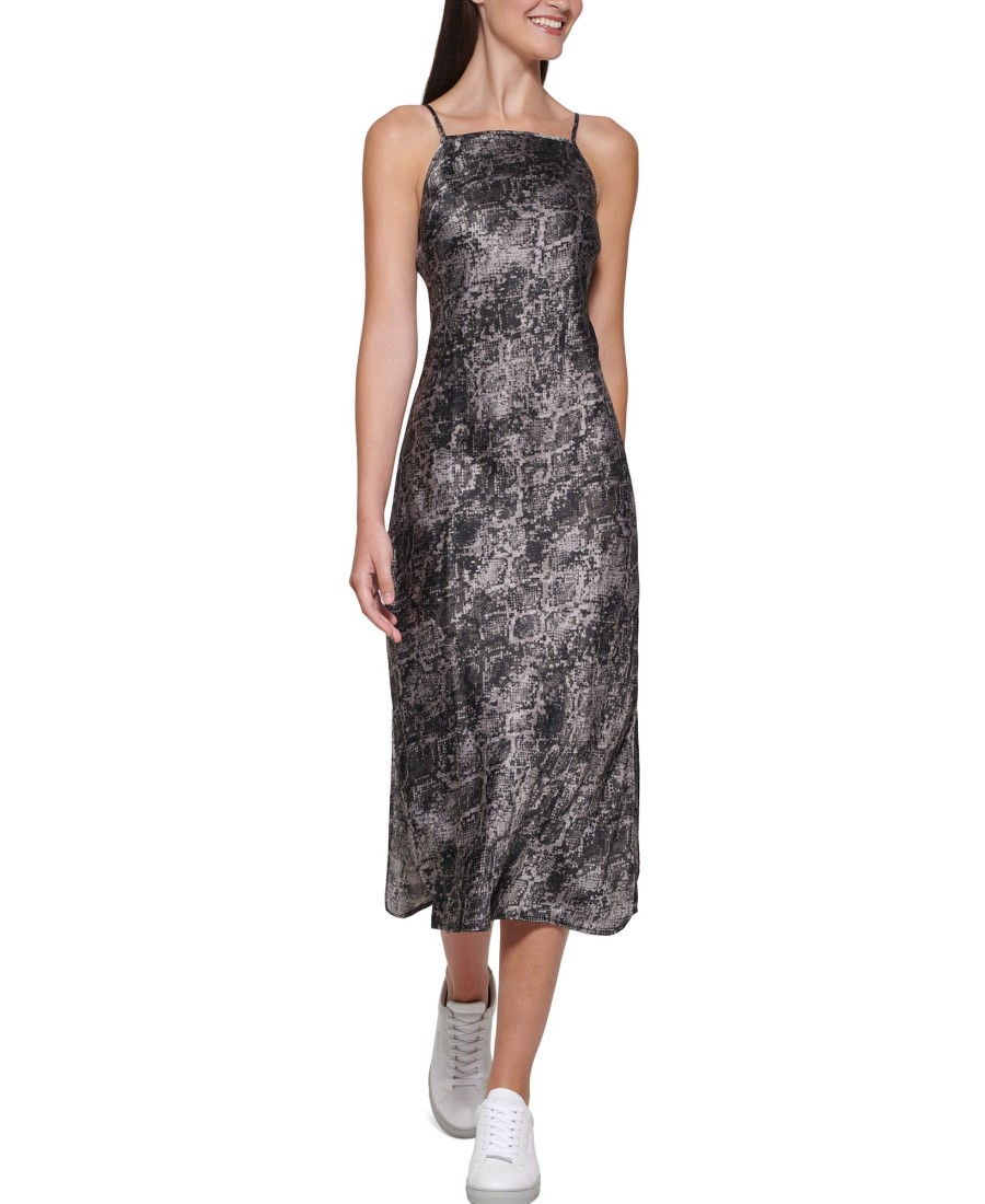 Women'S Calvin Klein Jeans | Printed Charmeuse Slip Dress Soft Snake Black Combo