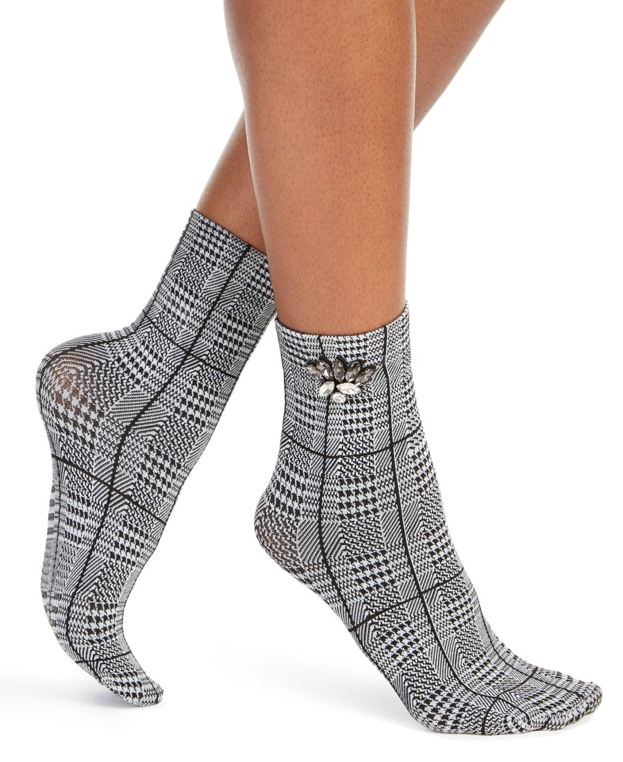 Women'S INC International Concepts | Embellished Glen Plaid Anklet Socks Grey