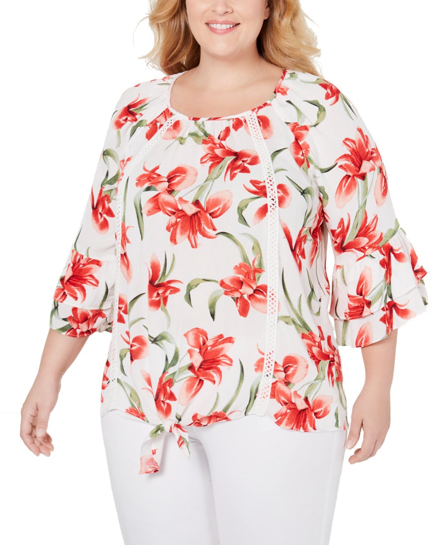 Women'S JM Collection | Plus Floral-Print Tie-Hem Top Vintage Orchard