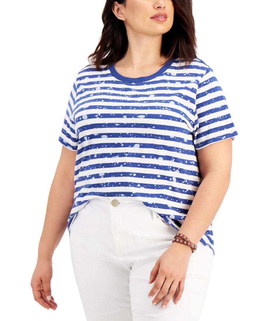 Women'S Style & Co | Plus Striped Shrunken Top Splatter Blue