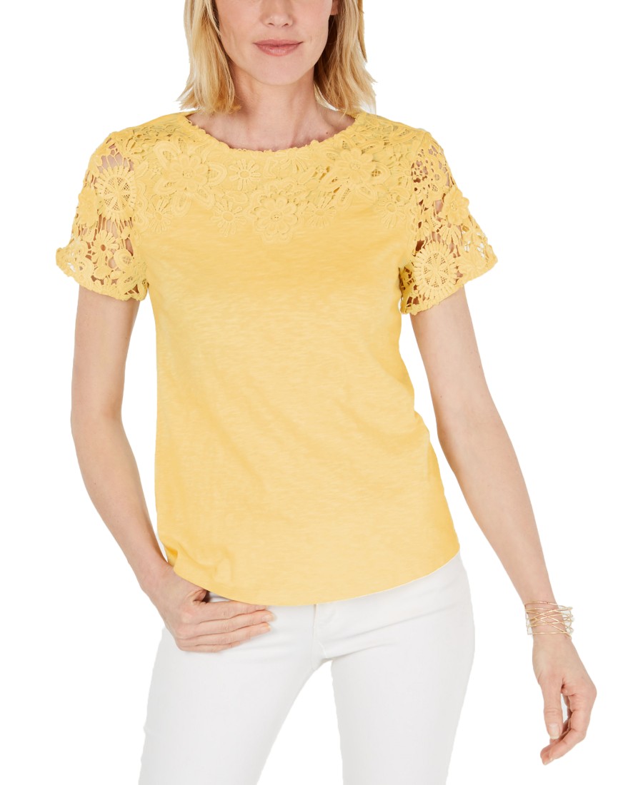 Women'S Charter Club | Cotton Lace-Embellished T-Shirt Citron Aura