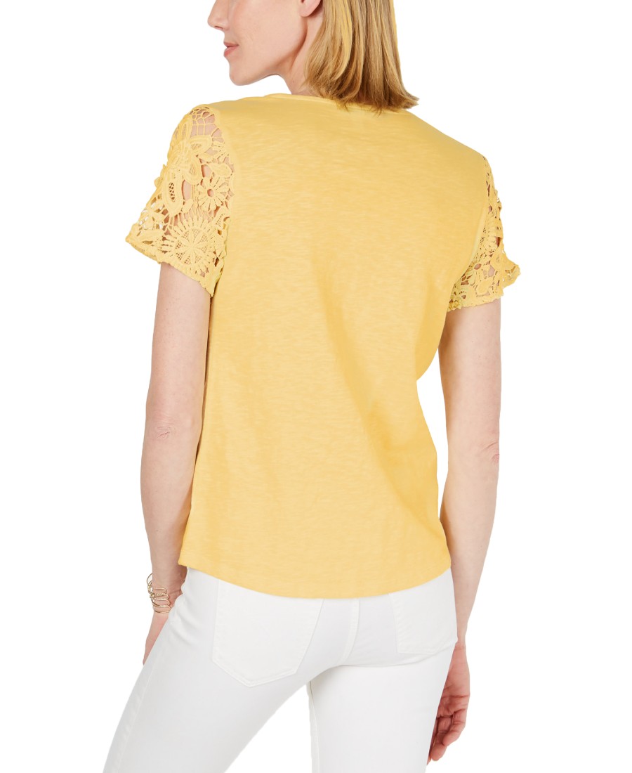 Women'S Charter Club | Cotton Lace-Embellished T-Shirt Citron Aura