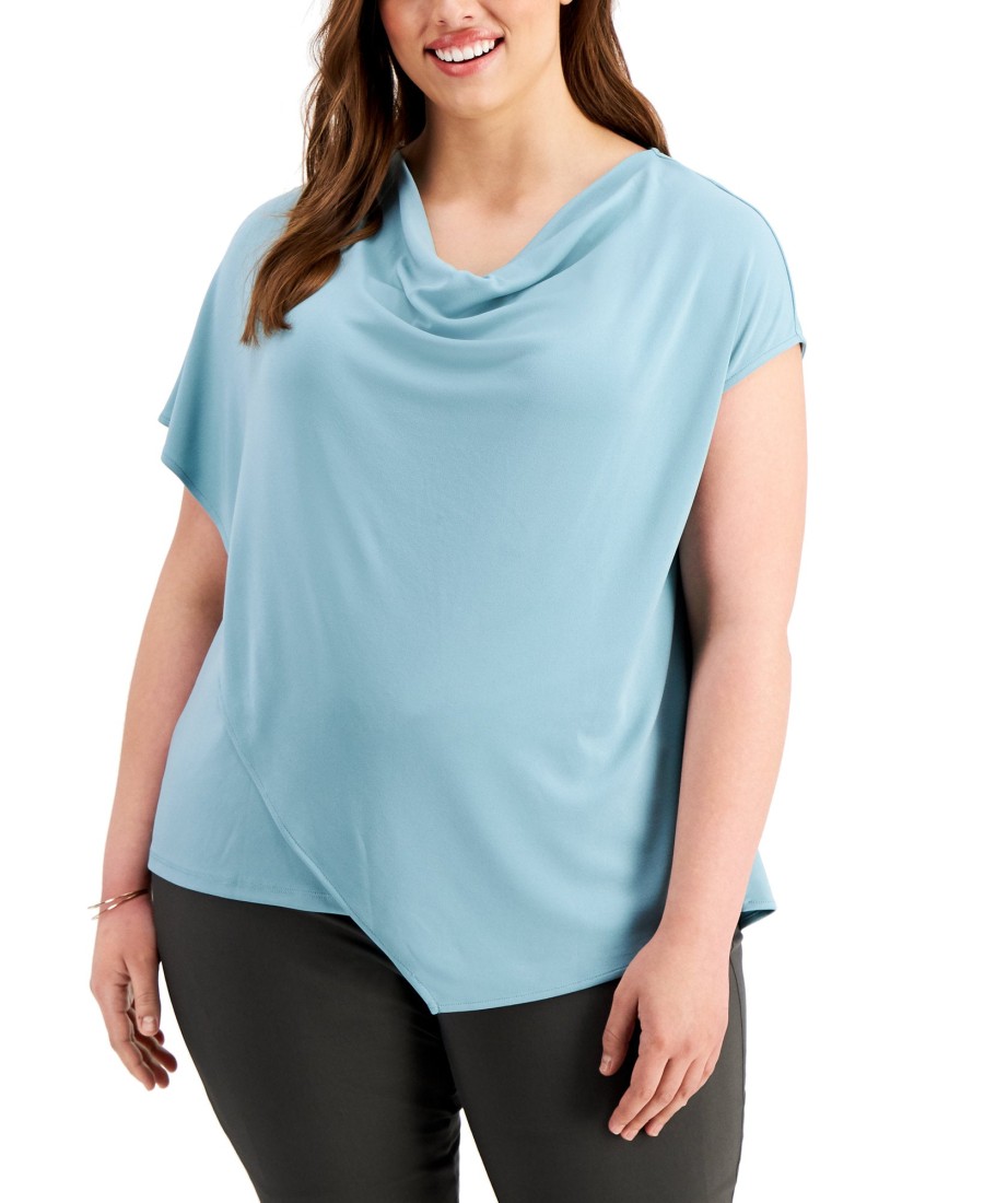 Juniors' Alfani | Plus Asymmetrical Drape-Neck Top Precious Jade