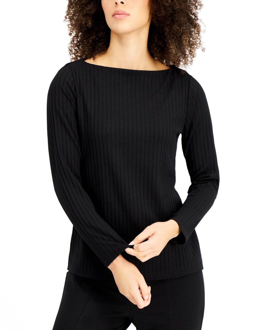 Juniors' Alfani | Ribbed Boat-Neck Top Deep Black