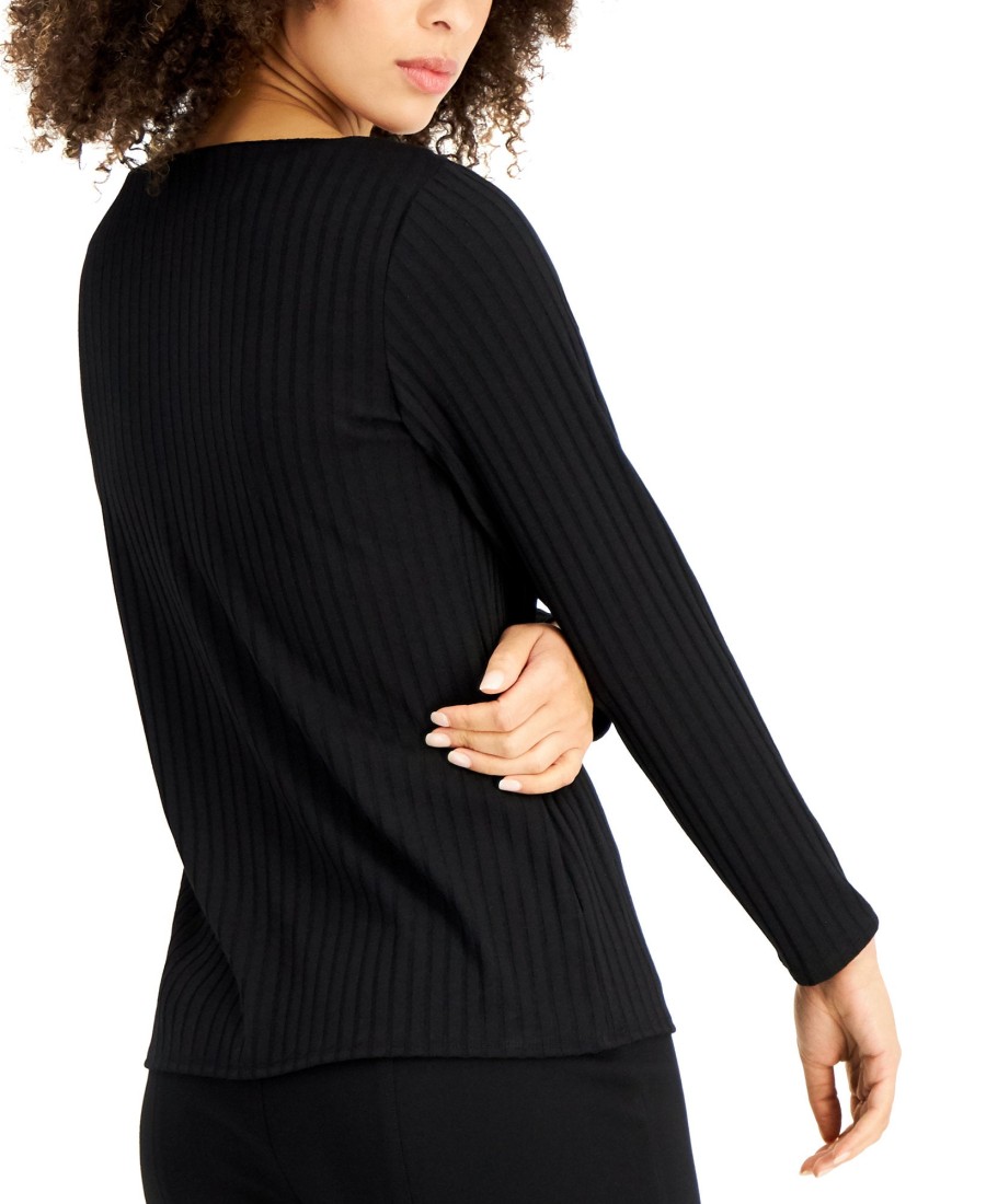 Juniors' Alfani | Ribbed Boat-Neck Top Deep Black