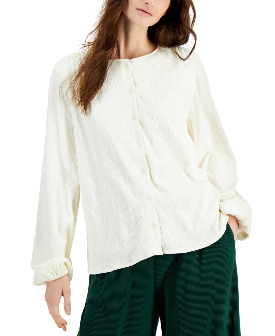 Women'S Alfani | Textured Balloon-Sleeve Button-Front Top Antique White