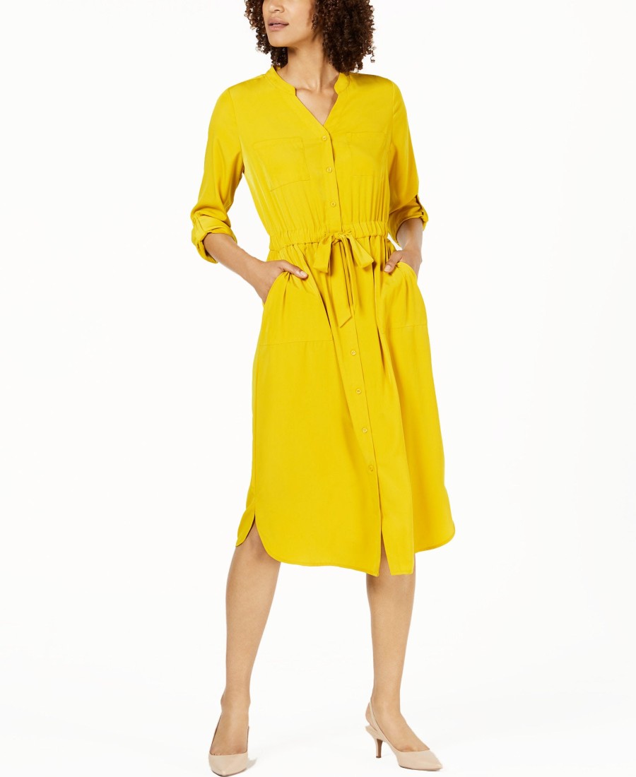 Juniors' Alfani | Petite 3/4-Sleeve Belted Shirtdress Gold Sun