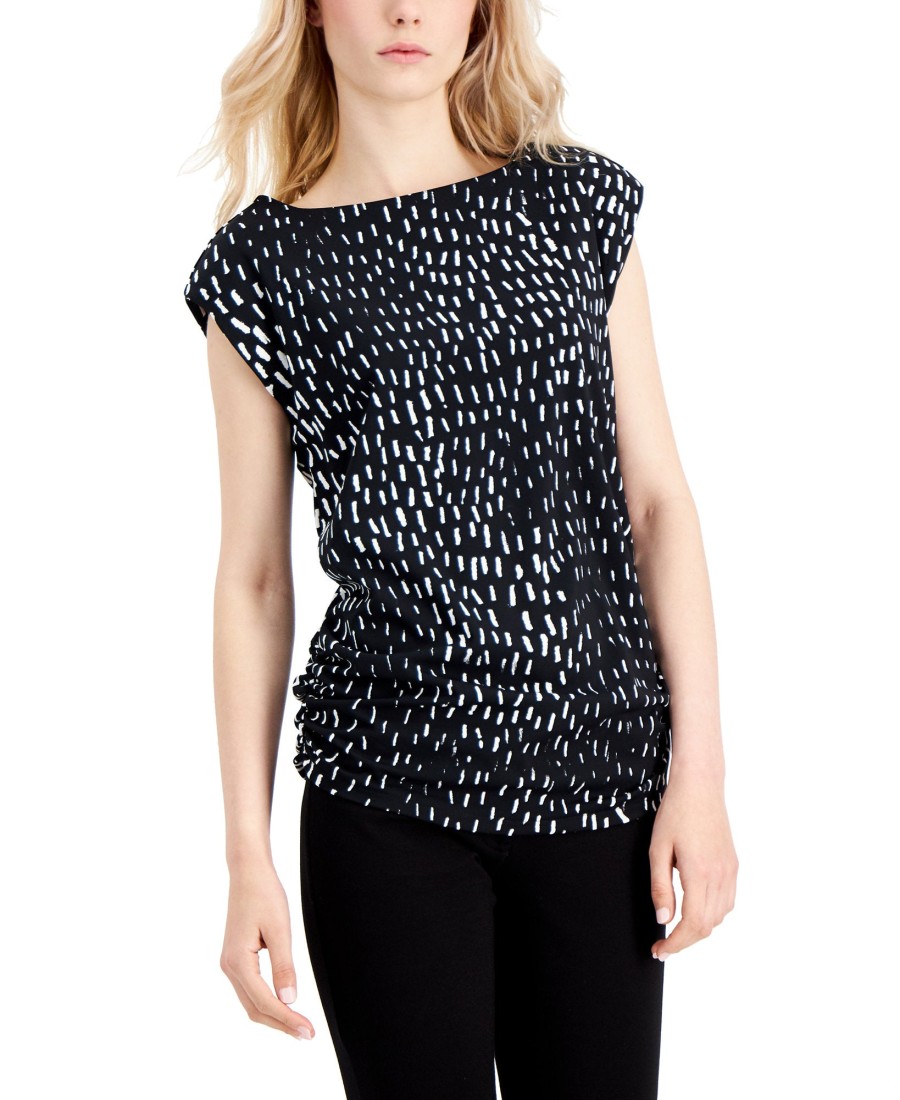 Juniors' Alfani | Abstract-Print Ruched-Side Top Black Easy Marks