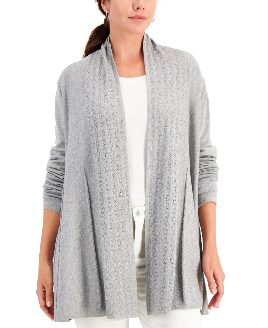 Women'S Karen Scott | Eyelet-Trim Braided-Detail Cardigan Smoke Grey Heather