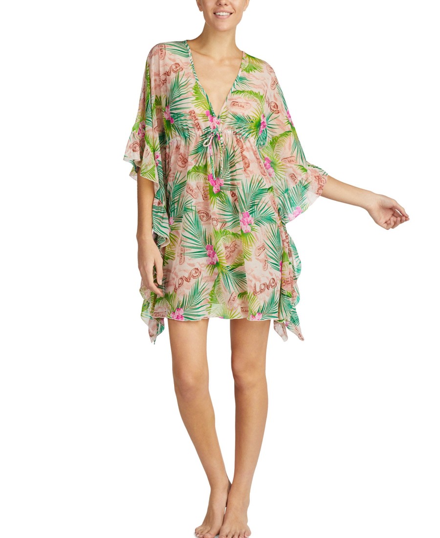 Women'S Betsey Johnson | Striped Chiffon Ruffle-Cuff Caftan Green