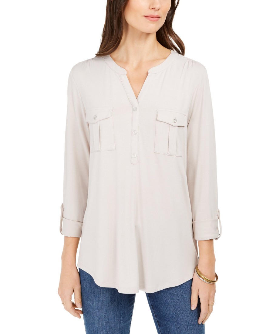 Women'S Style & Co | Split-Neck Roll-Tab-Sleeve Top