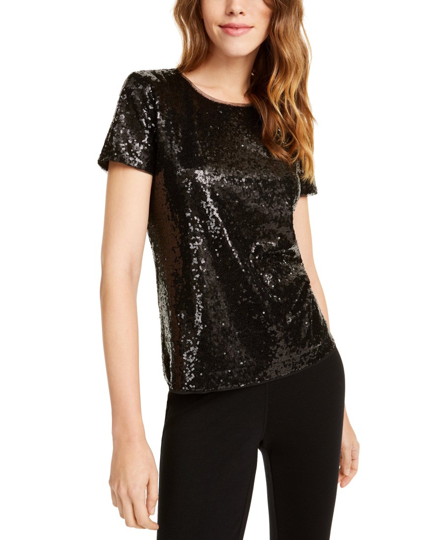 Women'S Maison Jules | Short-Sleeve Sequined Top Deep Black