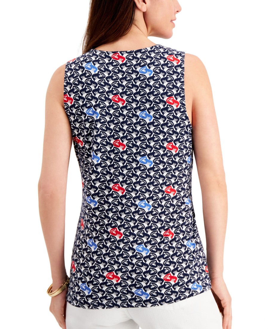 Women'S Charter Club | Printed Tie-Front Sleeveless Top Intrepid Blue Combo