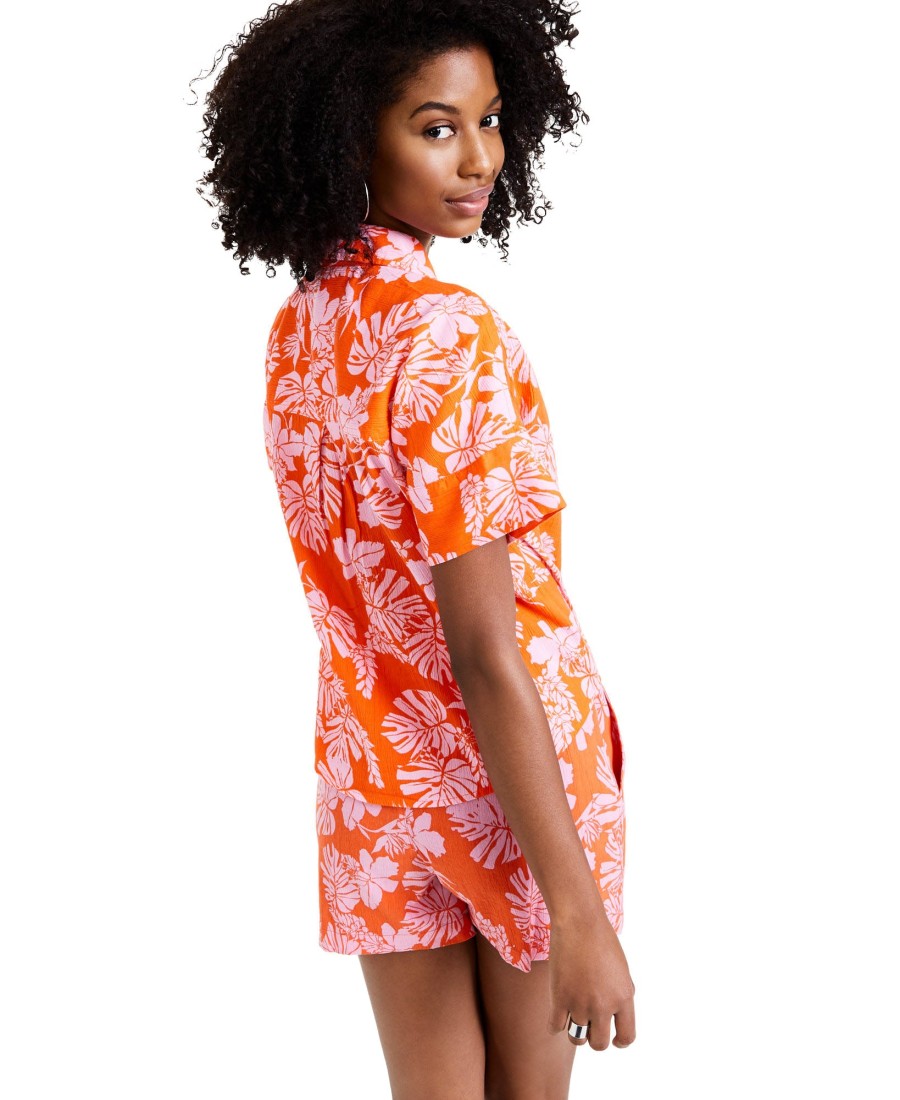 Women'S Style & Co | Petite Floral-Print Tie-Waist Cotton Shirt Wild Orange