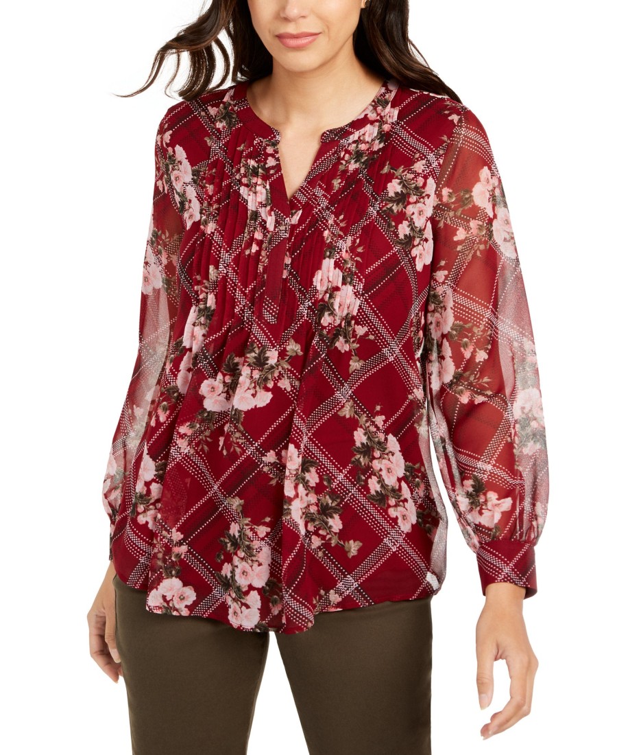 Women'S Charter Club | Petite Mixed-Print Split-Neck Top Carriage Red Combo