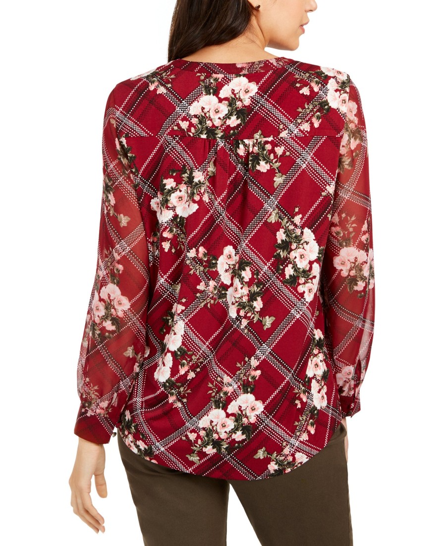 Women'S Charter Club | Petite Mixed-Print Split-Neck Top Carriage Red Combo