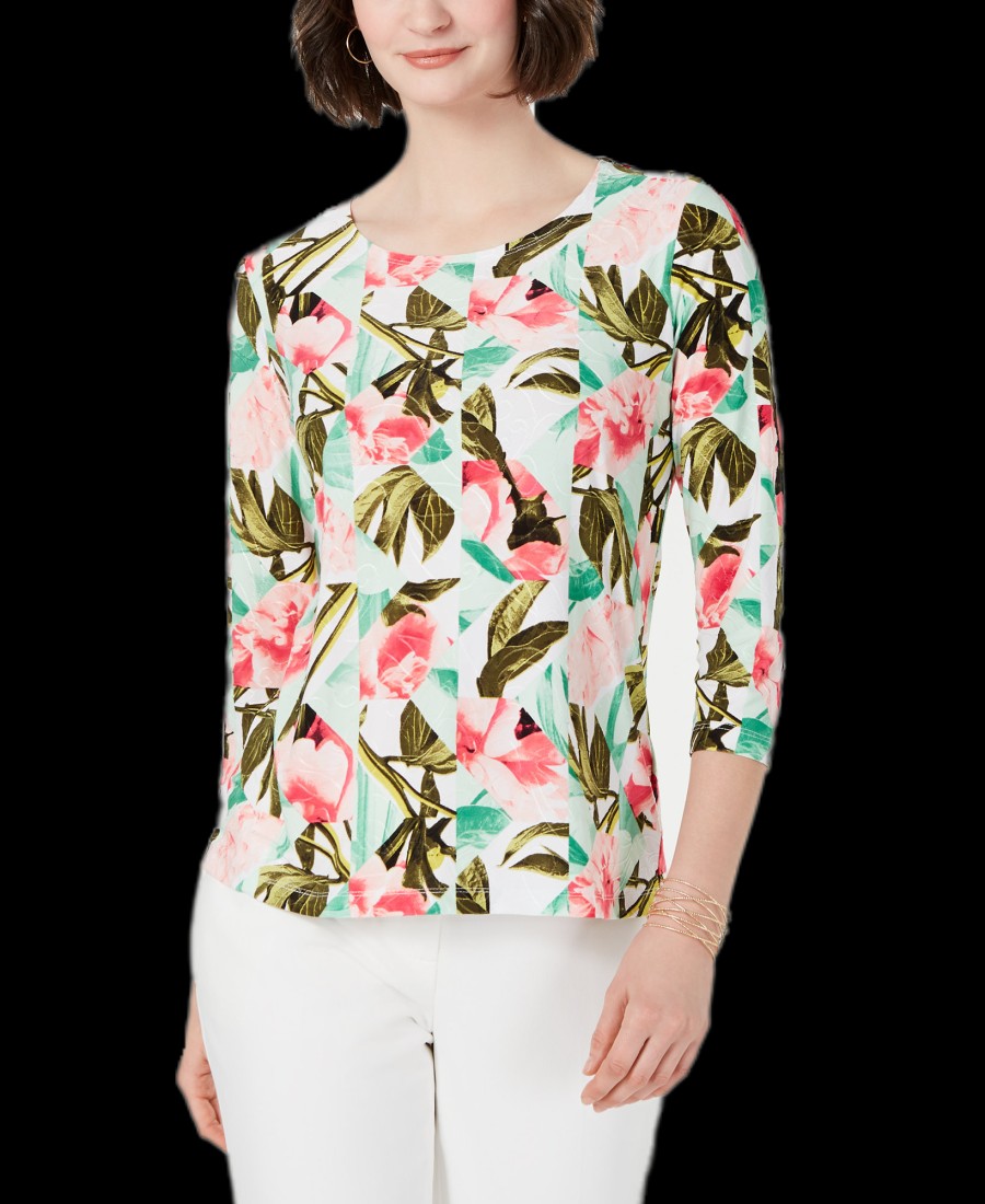 Women'S JM Collection | Printed Jacquard Top Peony Patches