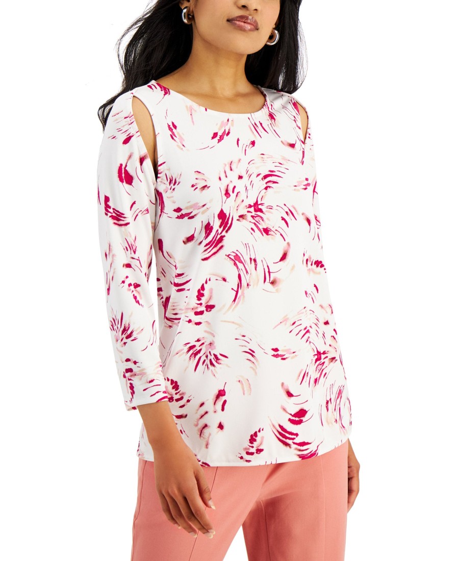 Juniors' Alfani | Abstract-Print Slit-Sleeve Top Fuchsia Super Swirl