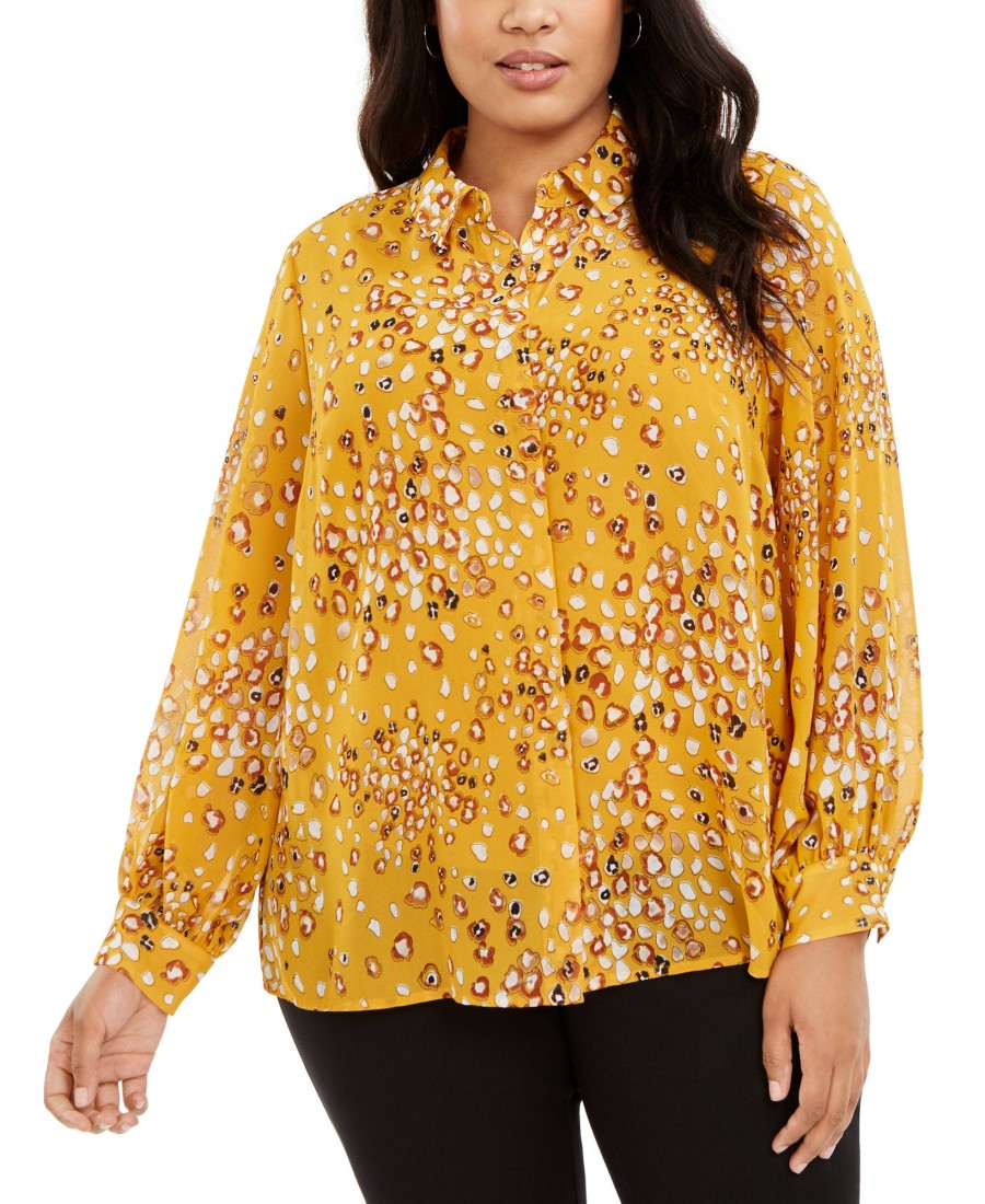 Women'S Alfani | Plus Printed Blouse Yellow Outline Leopard