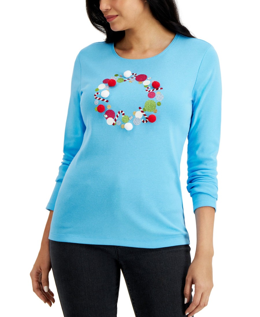 Women'S Karen Scott | Pom Pom Wreath Holiday Top Clear Skies