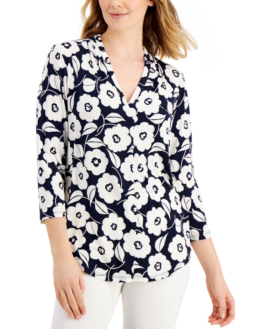 Women'S Charter Club | Petite Floral Shirt Intrepid Blue Combo