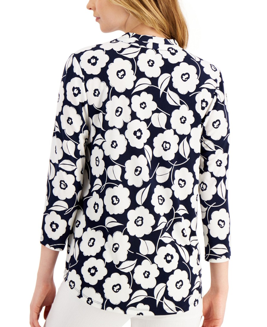 Women'S Charter Club | Petite Floral Shirt Intrepid Blue Combo