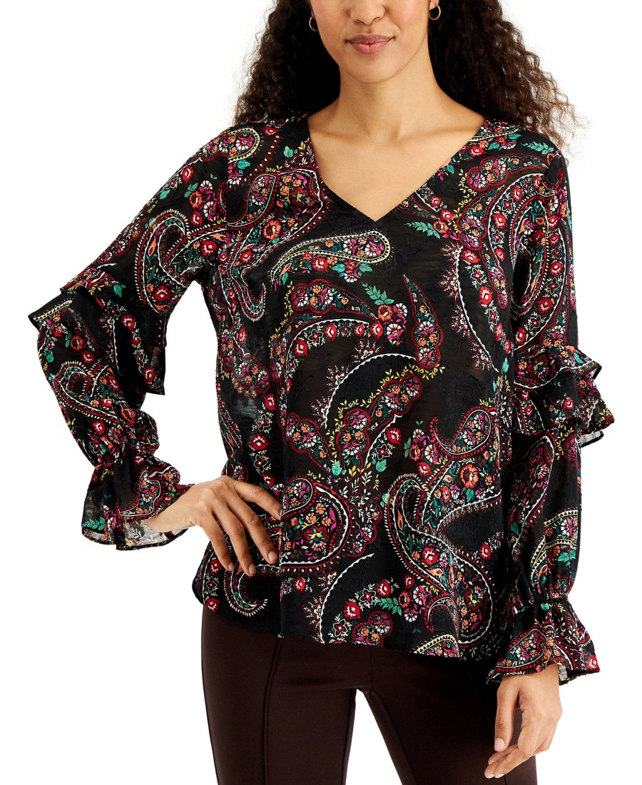 Women'S JM Collection | Paisley-Print Ruffled-Sleeve Top Deep Black Combo