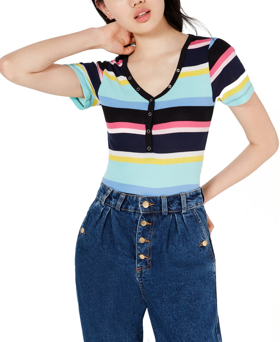 Juniors' Planet Gold | Juniors' Striped V-Neck Top Black Stripe