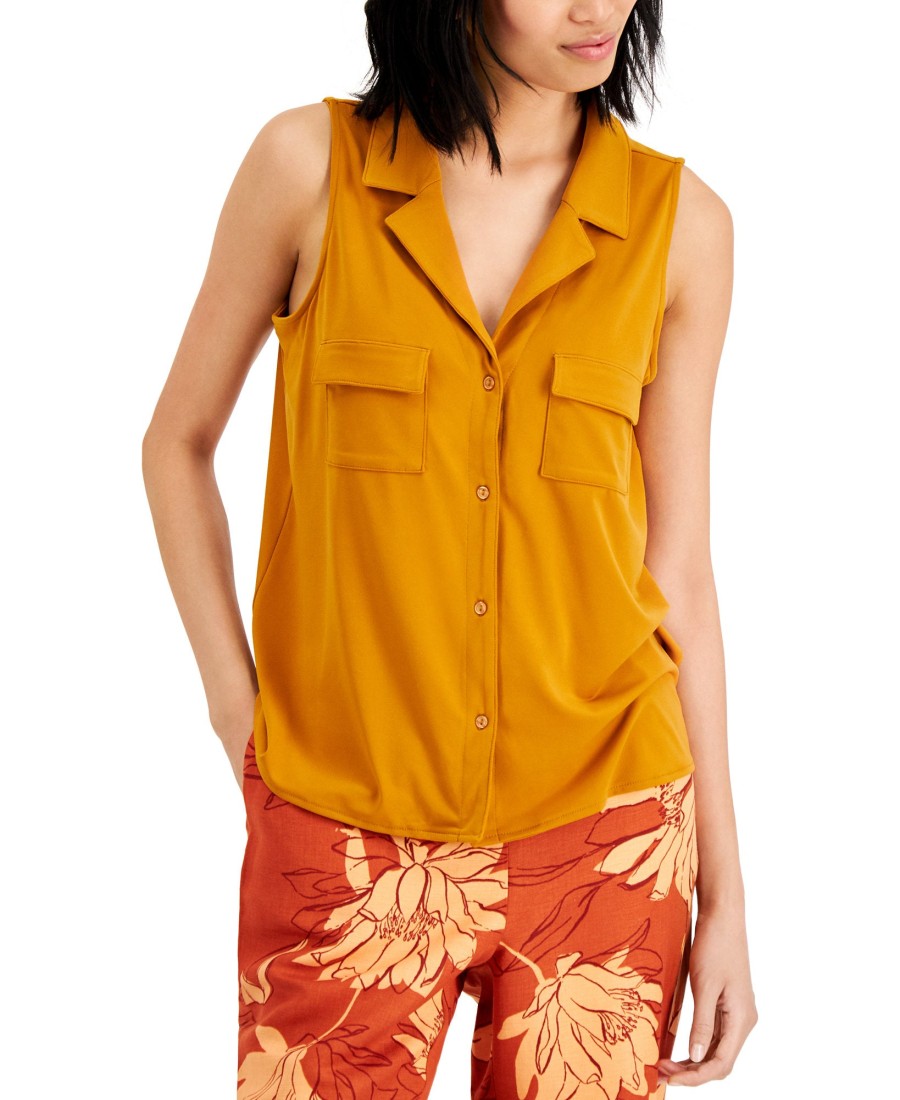 Women'S Alfani | Solid Button-Down Collared V-Neck Knit Top Sunset Lily