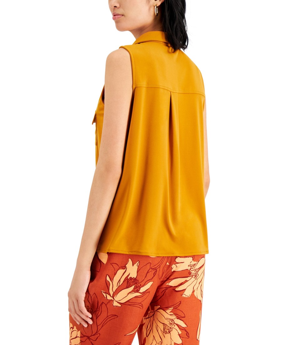 Women'S Alfani | Solid Button-Down Collared V-Neck Knit Top Sunset Lily