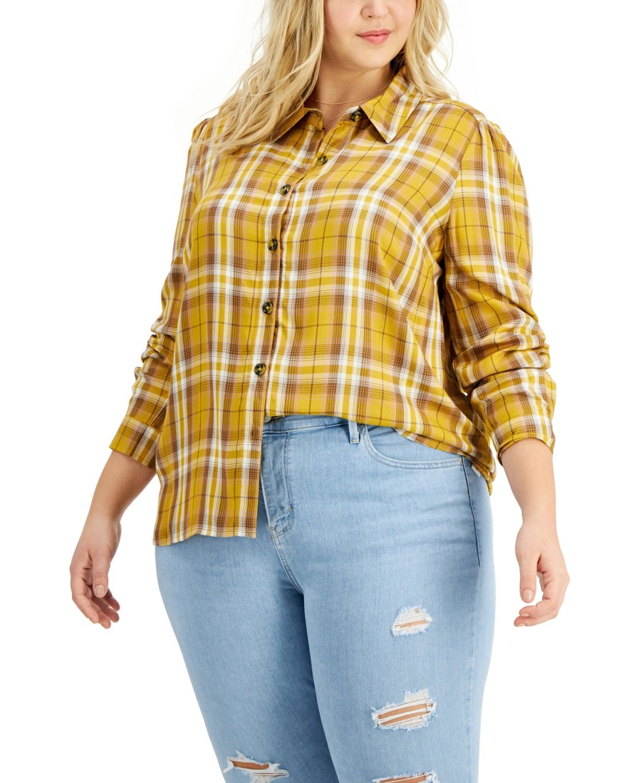 Women'S Love, Fire | Plus Plaid Button-Down Top Mustard Plaid