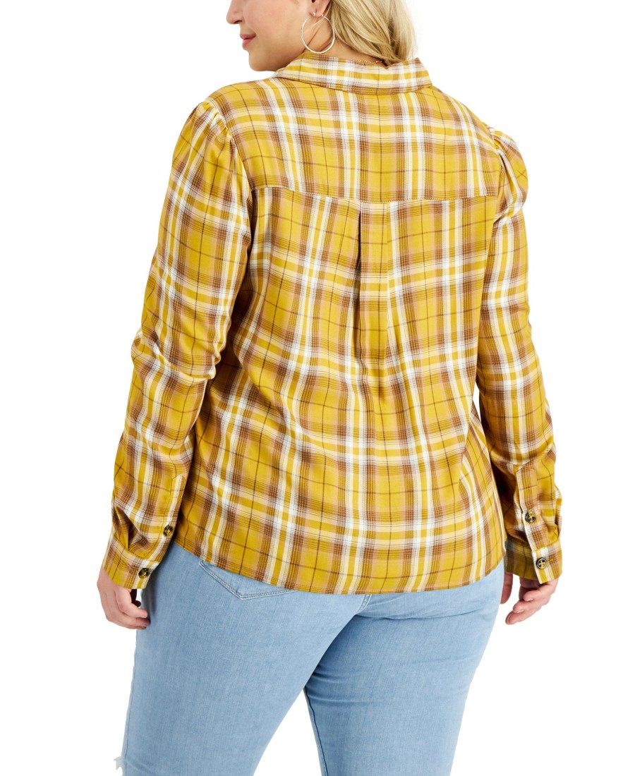 Women'S Love, Fire | Plus Plaid Button-Down Top Mustard Plaid