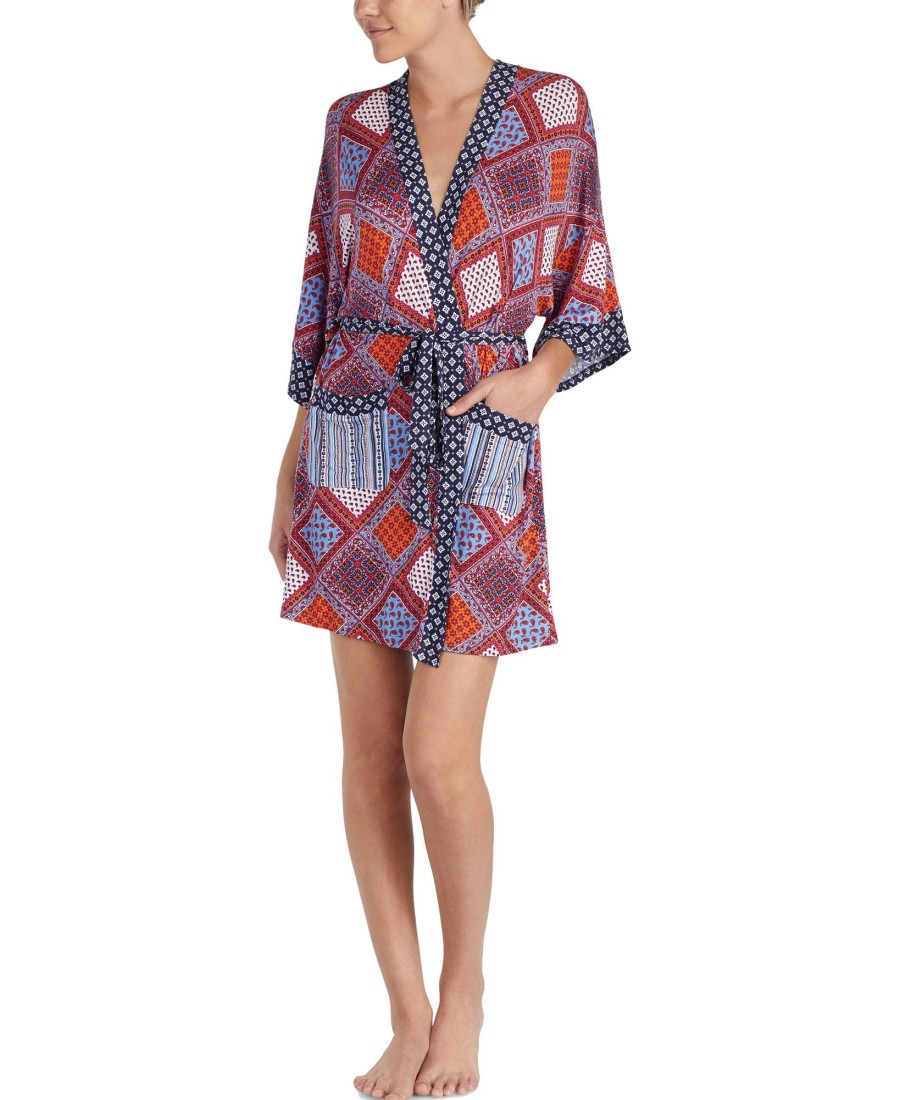 Women'S Layla | Printed Short Robe With Headband Multi Red