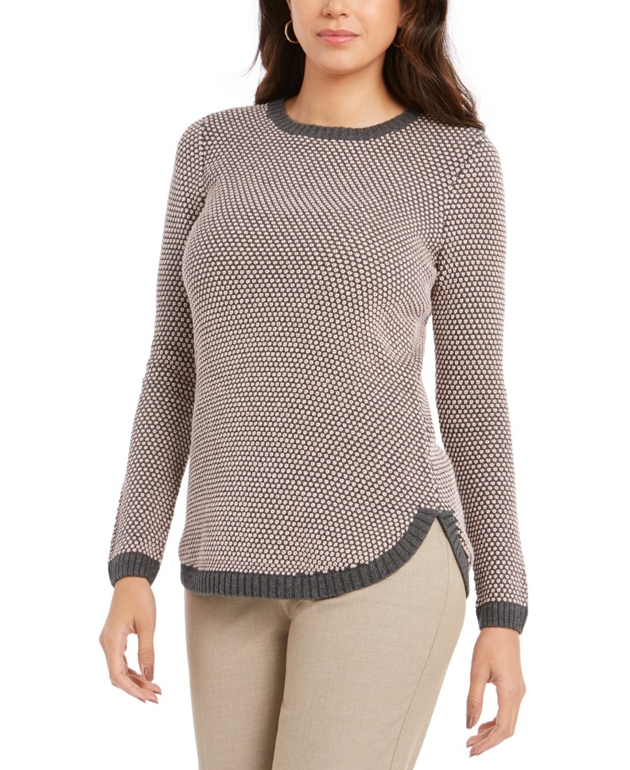 Women'S Charter Club | Textured Contrast-Trim Sweater Charcoal Heather