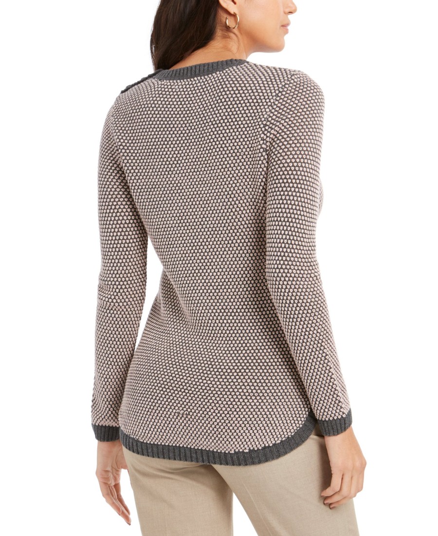 Women'S Charter Club | Textured Contrast-Trim Sweater Charcoal Heather