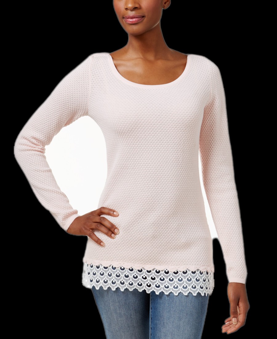 Women'S Charter Club | Patterned Lace-Hem Sweater