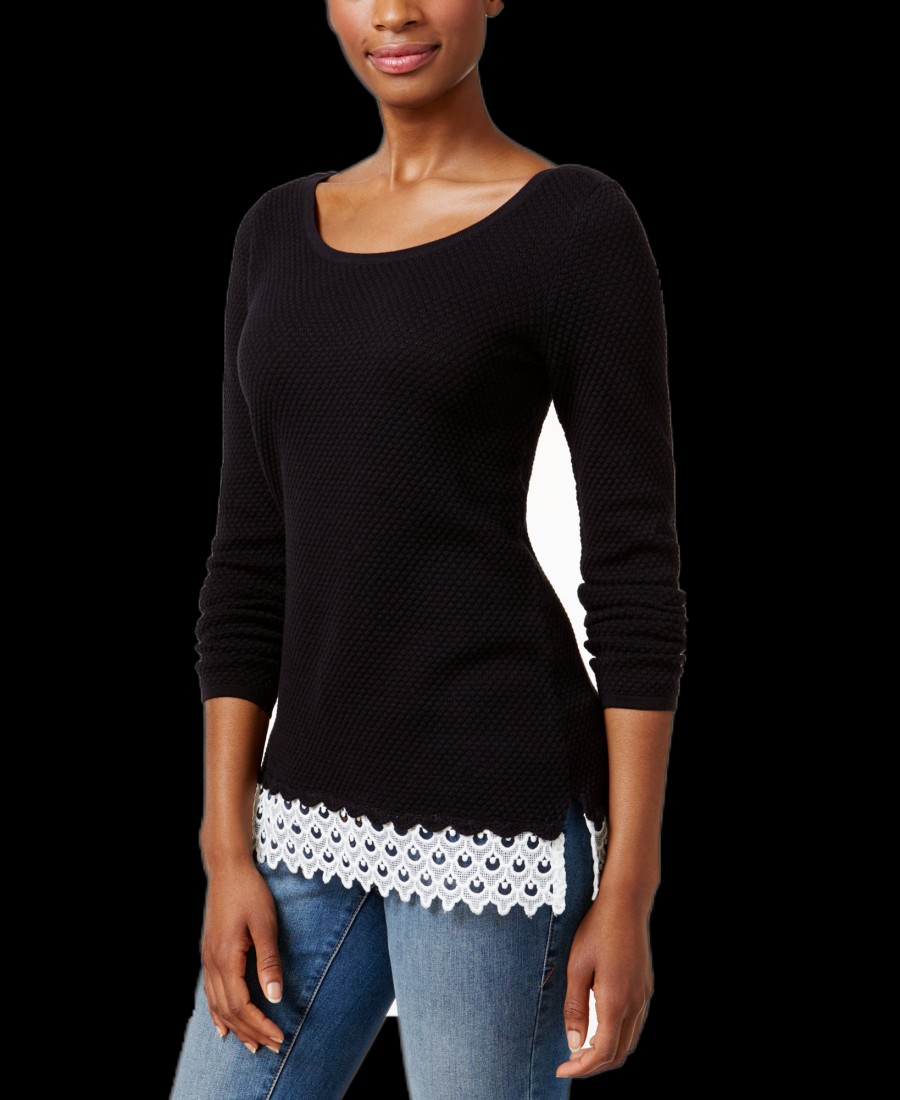 Women'S Charter Club | Patterned Lace-Hem Sweater