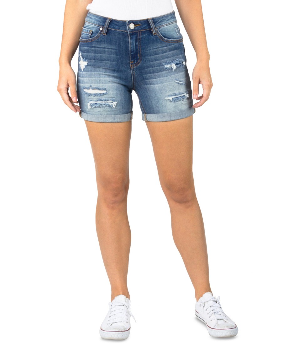 Juniors' Indigo Rein | Juniors' Destructed Denim Midi Shorts Med Blue