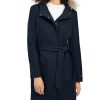 Women'S Tommy Hilfiger | Belted Faux-Fur-Trim Hooded Coat Navy