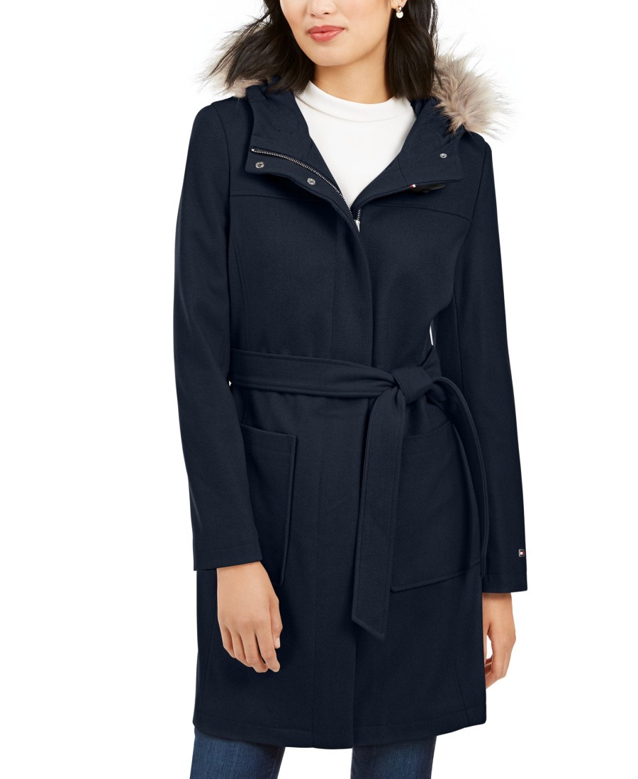 Women'S Tommy Hilfiger | Belted Faux-Fur-Trim Hooded Coat Navy